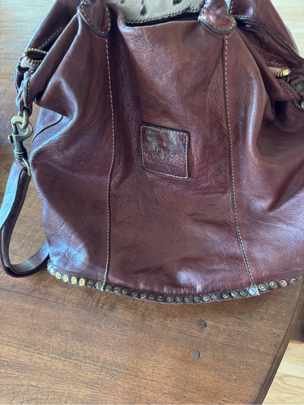 Campomaggi Brown Leather and Cowhide Patchwork Tote Bag w/ crossbody strap - Picture 9 of 11